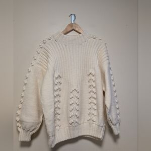 Oversized Chunky Knit Pom Pom Sweater – Cream – Size Medium